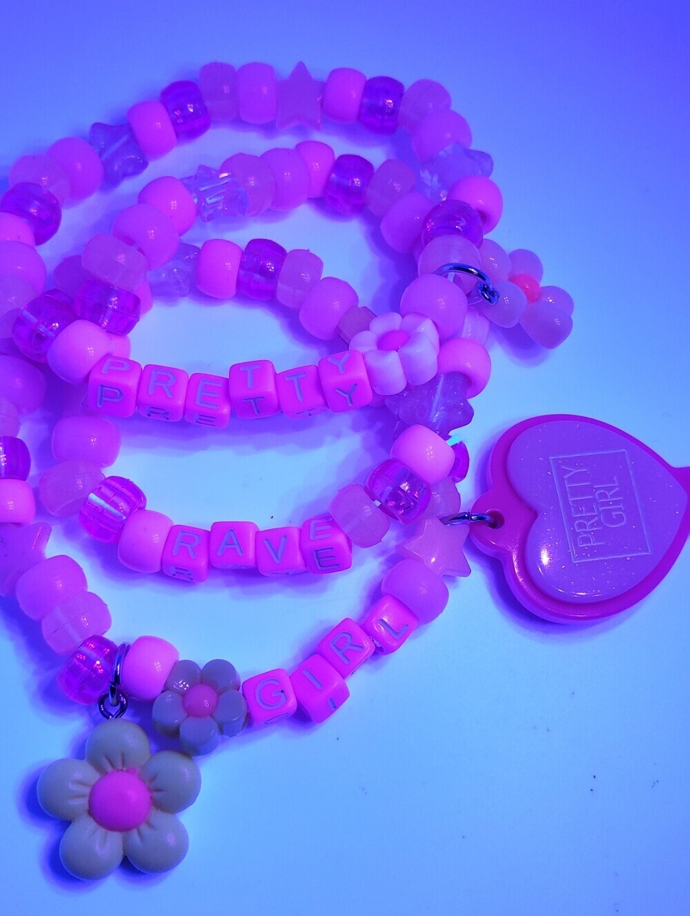 Handmade Pink UV Pretty Rave Girl Stackable Kandi Bracelets - Picture 7 of 7